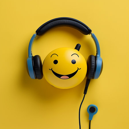 A 3D emoji wearing headphones stands out against a yellow background.の素材