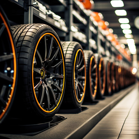 Car tires and sport rims displayed by size and use, facilitating easy selection and access for customers in the shopの素材