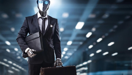 A well-dressed robot in a businessman suit, standing in a contemporary office space, illustrating the merging of AI and corporate environmentsの素材