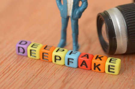 The word "DEEPFAKE" highlights the central theme of the image, which is the creation of manipulated or fabricated media.の写真素材