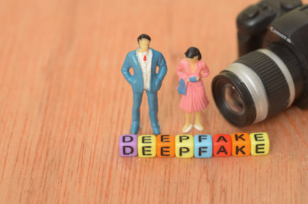 The word "DEEPFAKE" highlights the central theme of the image, which is the creation of manipulated or fabricated media.の写真素材