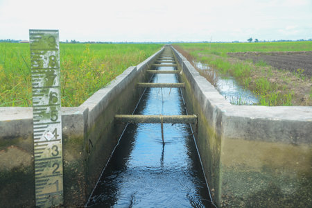 A concrete irrigation channel runs through a lush green rice paddy, carrying water to the crops.の写真素材