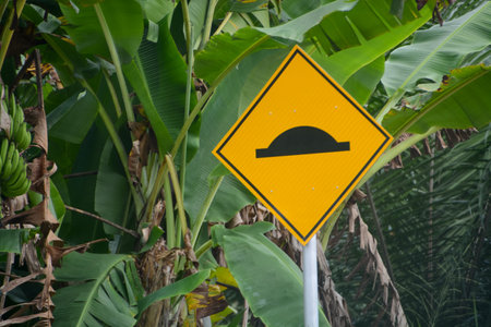 The sign serves as a crucial safety measure, reminding drivers to slow down and avoid sudden braking.の写真素材