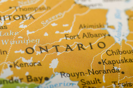 Detailed Ontario Map: Cities, Roads, Lakes, and Geographic Featuresの写真素材