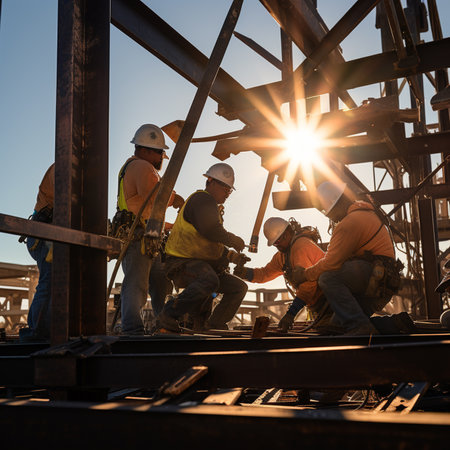 Silhouette of Construction Workers Collaborating at a Busy Construction Site During Sunsetの素材