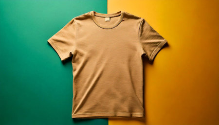 Tan T-Shirt on a Vibrant Teal and Yellow Background: Minimalist Fashion Conceptの素材