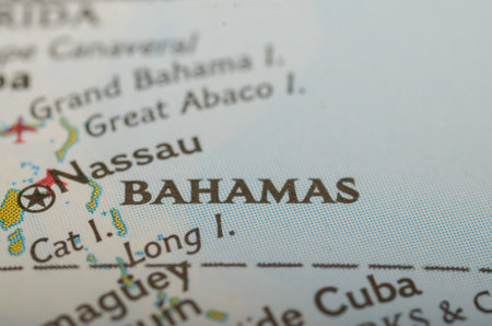 a close-up of a world map focusing on the island nation of the Bahamas. Exploring the Bahamas: A Close-Up of Adventure Awaitsの写真素材