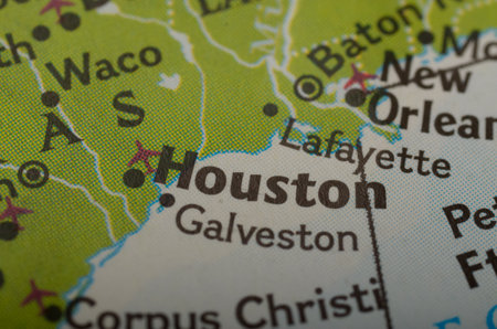 The image shows a close-up of a map highlighting the city of Houston, Texas. Houston, Texas: Destination Highlight for Travel Enthusiastsの写真素材