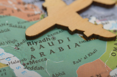 Exploring Saudi Arabia: Journey Begins with a Wooden Airplaneの写真素材
