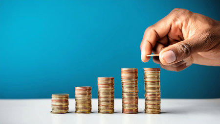 Wealth Accumulation: Hand Carefully Adding to Increasing Coin Stacksの素材