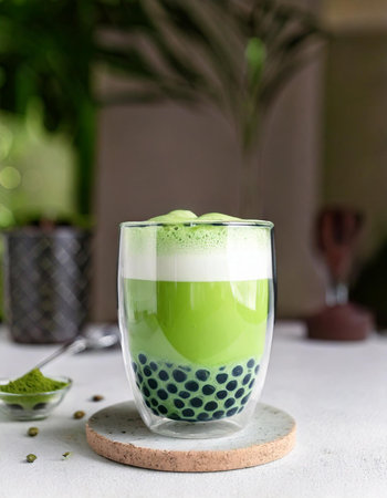 Vibrant Green Matcha Latte with Tapioca Pearls and a Creamy Frothy Layerの素材