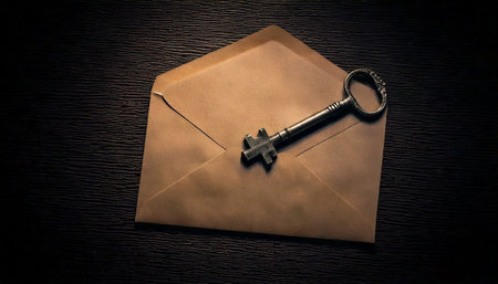 Antique Key and Envelope on a Dark Surfaceの素材