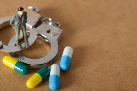 Miniature Figure on Handcuffs with Capsules Representing Drug-Related Crime and Legal Consequencesの写真素材