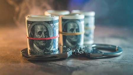 Money Laundering Symbol: Currency Rolls Entangled with Metal Handcuffsの素材