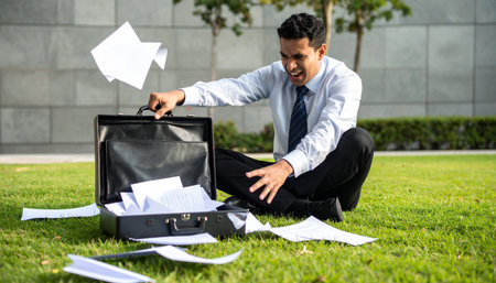 Workplace Crisis: Man in Suit Kneels to Gather Scattered Business Papersの素材