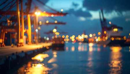 Modern Commerce Fusion: Wet Dockyard and Digital Chart Symbolizing Tech-Driven Supply Chainsの素材