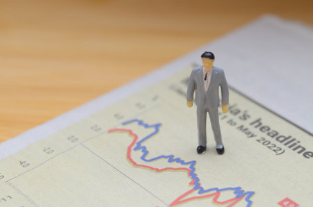 Miniature Businessman Standing on Financial Graph Symbolizing Market Influence