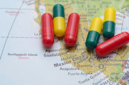 Capsules on Mexico Map Representing Major Hub in Global Narcotics Trafficking