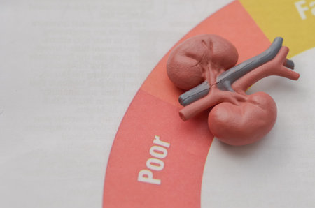 Kidney Anatomy Model on âPoorâ Rating Chart â Visual Warning of Renal Disease Riskの写真素材