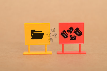 A conceptual image visualizing data transfer from a folder to various file formats like JPEG, PDF,...