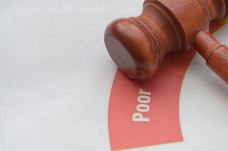 A legal gavel on a financial or quality report signifies a conclusive, negative assessment,...