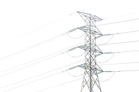 This detailed view of an electricity pylon showcases the engineering of the power grid, with its steel framework and glass insulators holding high-voltage lines.の写真素材