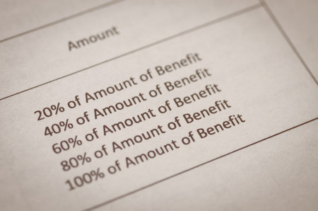 A close-up, sepia-toned image of a benefits schedule, highlighting the tiered percentages of a payout plan for insurance, retirement, or financial contracts.の写真素材