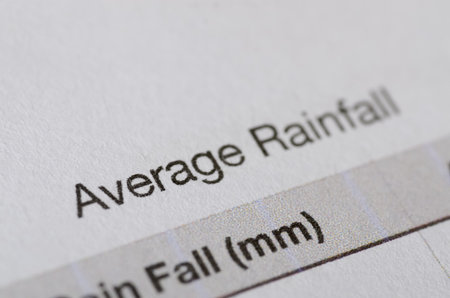 Average Rainfall Data. A close-up of a meteorological report showing "Average Rainfall" measured in millimeters (mm), perfect for environmental and scientific analysis concepts.の写真素材