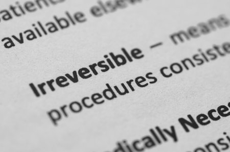 The word "Irreversible" is brought into sharp focus, symbolizing a definitive action with lasting and unchangeable outcomes.の写真素材
