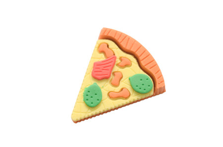 A close-up of a colorful pizza slice with melted yellow cheese, red and green toppings, and a textured orange crustの写真素材