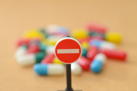 Red and White Do Not Enter Sign Warning Against Pharmaceutical Pill Misuse and Addictionの写真素材