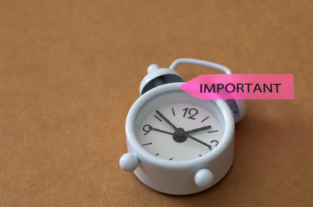 Critical Deadline Concept: White Alarm Clock with Pink IMPORTANT Arrow Label