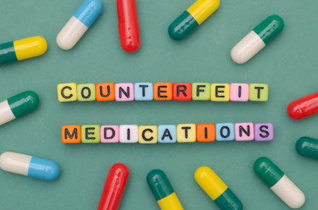 Colorful Capsules Surrounding Blocks Spelling Counterfeit Medications on Teal Background