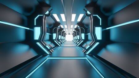 Sci-Fi grunge damaged metallic corridor background illuminated with neon lights 3d render -...