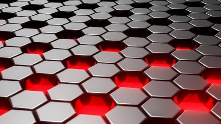 Abstract black hexagonal geometric layered. Futuristic hexagons surface. Future sci-fi concept background. 3D Renderingの写真素材