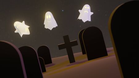 pumpkin Jack O Lanterns Ghost and a witch In the cemetery on Halloween for background or orther . 3D...