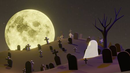 pumpkin Jack O Lanterns Ghost and a witch In the cemetery on Halloween for background or orther . 3D Renderingの写真素材