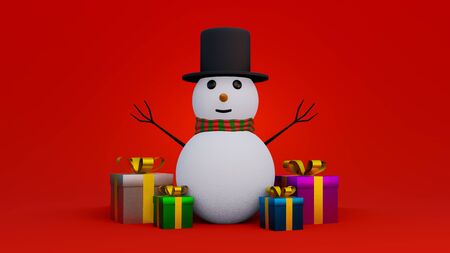 abstract christmas red background 3d rendering with many object christmas tree gift box snow man metallic gold ball,holiday christmas new year conceptの写真素材