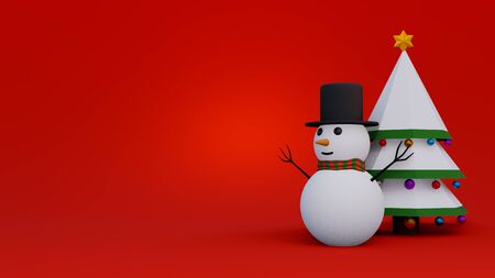 abstract christmas red background 3d rendering with many object christmas tree gift box snow man metallic gold ball,holiday christmas new year conceptの写真素材