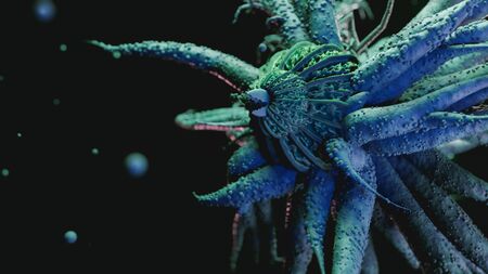 Microscope virus close up concept art . Pathogenic viruses causing infection in host organism , Viral disease outbreak ,Virus attacking red blood cells , 3d renderの写真素材