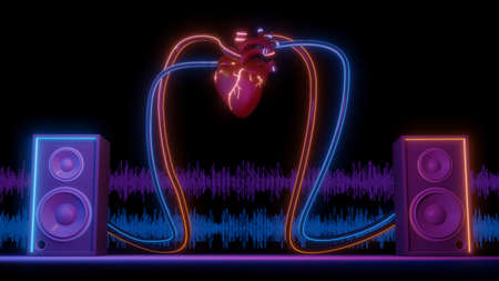 Music art concept create from heart speaker system on brack drop , stage work space or backgroung...
