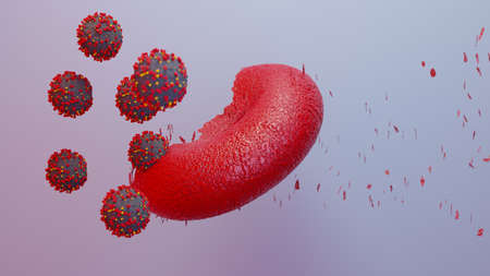 Microscope virus attack blood close up concept art . Pathogenic viruses causing infection in host...