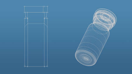 vaccine 3d blueprint mesh model  on a blue background. Front view orthographic  and perspective free style render, 3d renderの写真素材