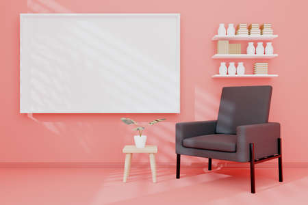 living room interior with sofa on a wooden floor, decor on a large wall, white landscape in window. Home nordic interior. 3D renderの写真素材