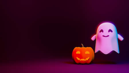 Pumpkin Jack O Lanterns and Ghost on Halloween for background or orther, Cute style . 3D Renderingの写真素材