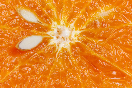 Oranges on a black background. One orange is cut in half close up, the other is whole.