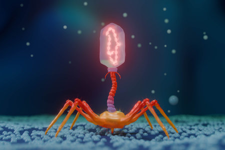 Scientific 3D Rendering of Bacteriophage Virus on Bacterial Cellの写真素材