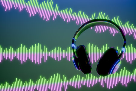 3d headphone with sound wave on blue background for musicor party work 3D renderの写真素材