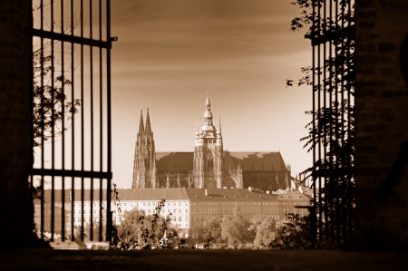 View of St Vitus Cathedral and Prague Castle from Petrin hill, Prague, Czech Republic  Sepia toned image の写真素材