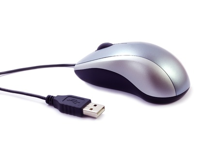 Modern computer optical wheel mouse with usb cord isolated on white background